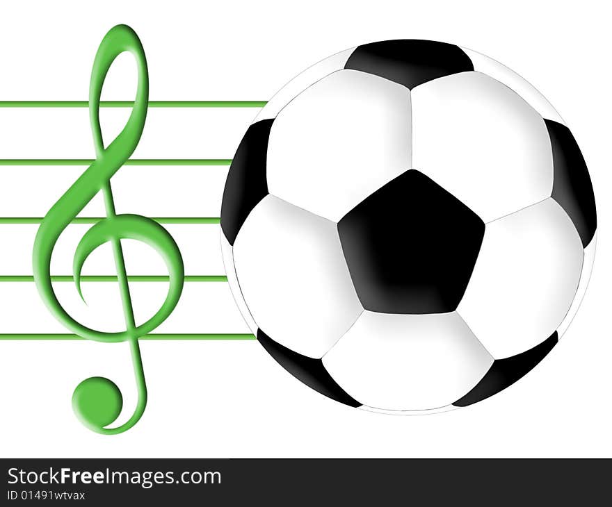 Treble clef and football on a white background. Treble clef and football on a white background