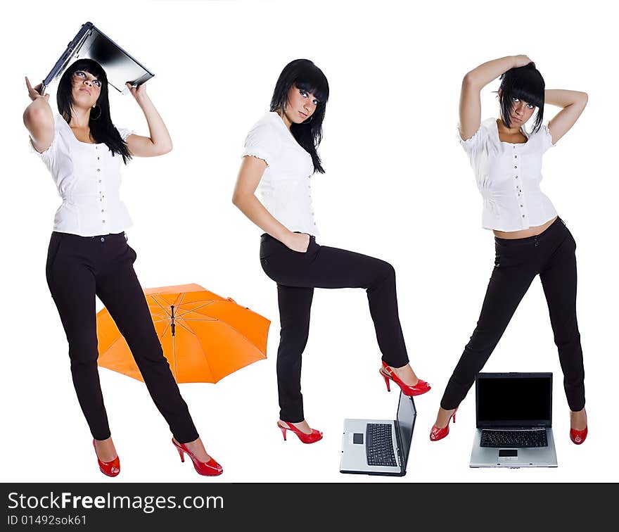 20's, The student, a different angle view, with books, a pointer, the laptop, in points, standing and sitting, isolated on white, 3 in 1. 20's, The student, a different angle view, with books, a pointer, the laptop, in points, standing and sitting, isolated on white, 3 in 1