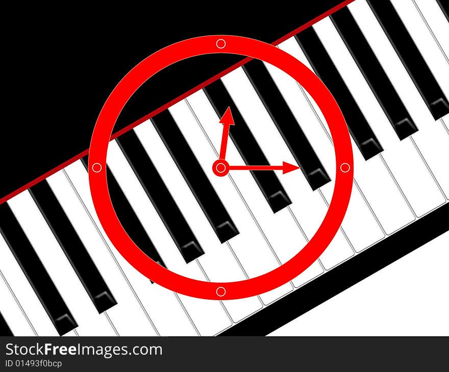 Hours on a background of keys of the piano. Hours on a background of keys of the piano