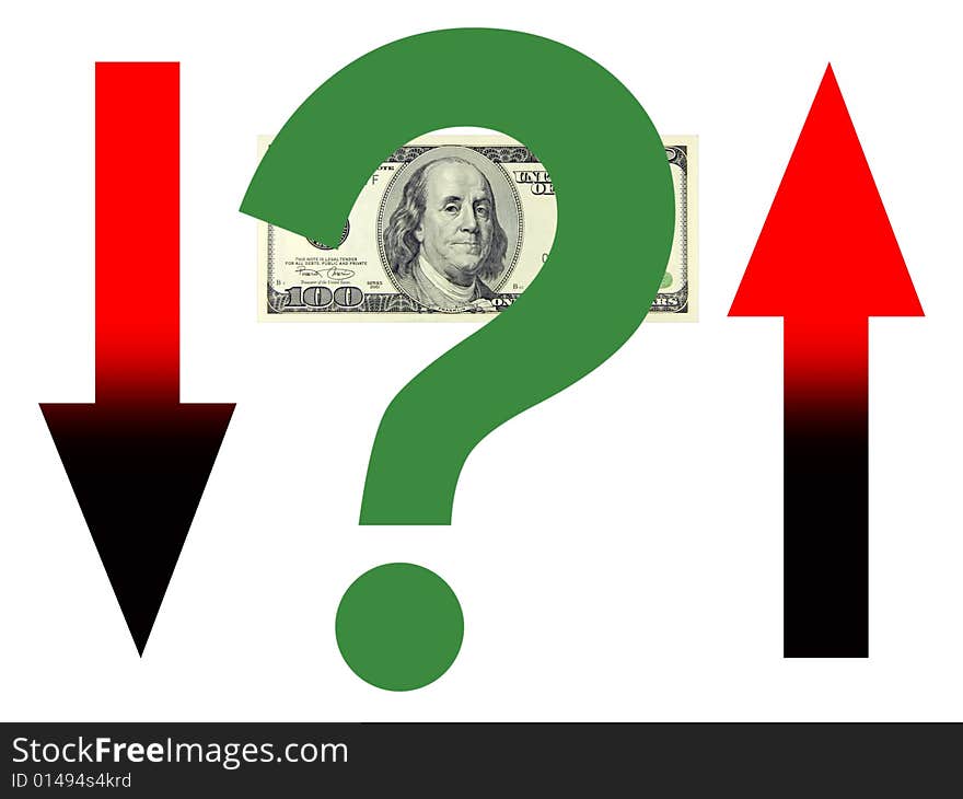 Dollar banknote, arrows and question mark on a white background. Dollar banknote, arrows and question mark on a white background