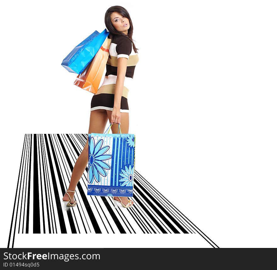 Shopping girl with bag on bar code