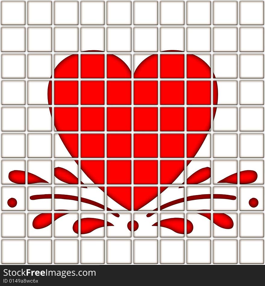 Splashing red heart on 10 by 10 tiles. Splashing red heart on 10 by 10 tiles