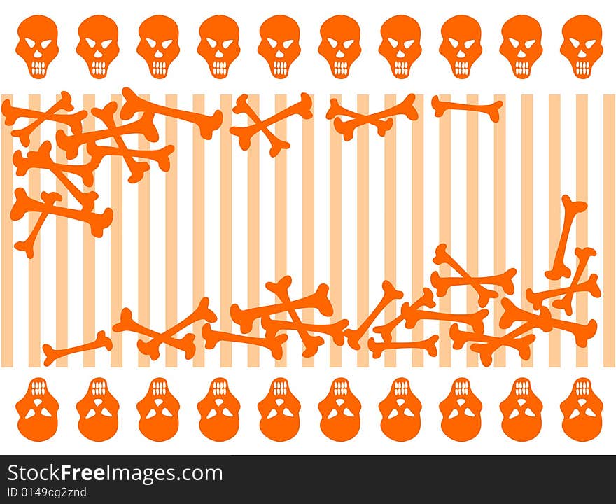 Orange skulls and bones on a white  background. Halloween illustration.