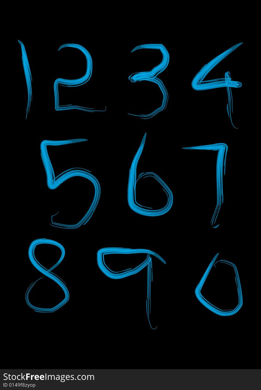 Brush stroked set of glowing digits in black background