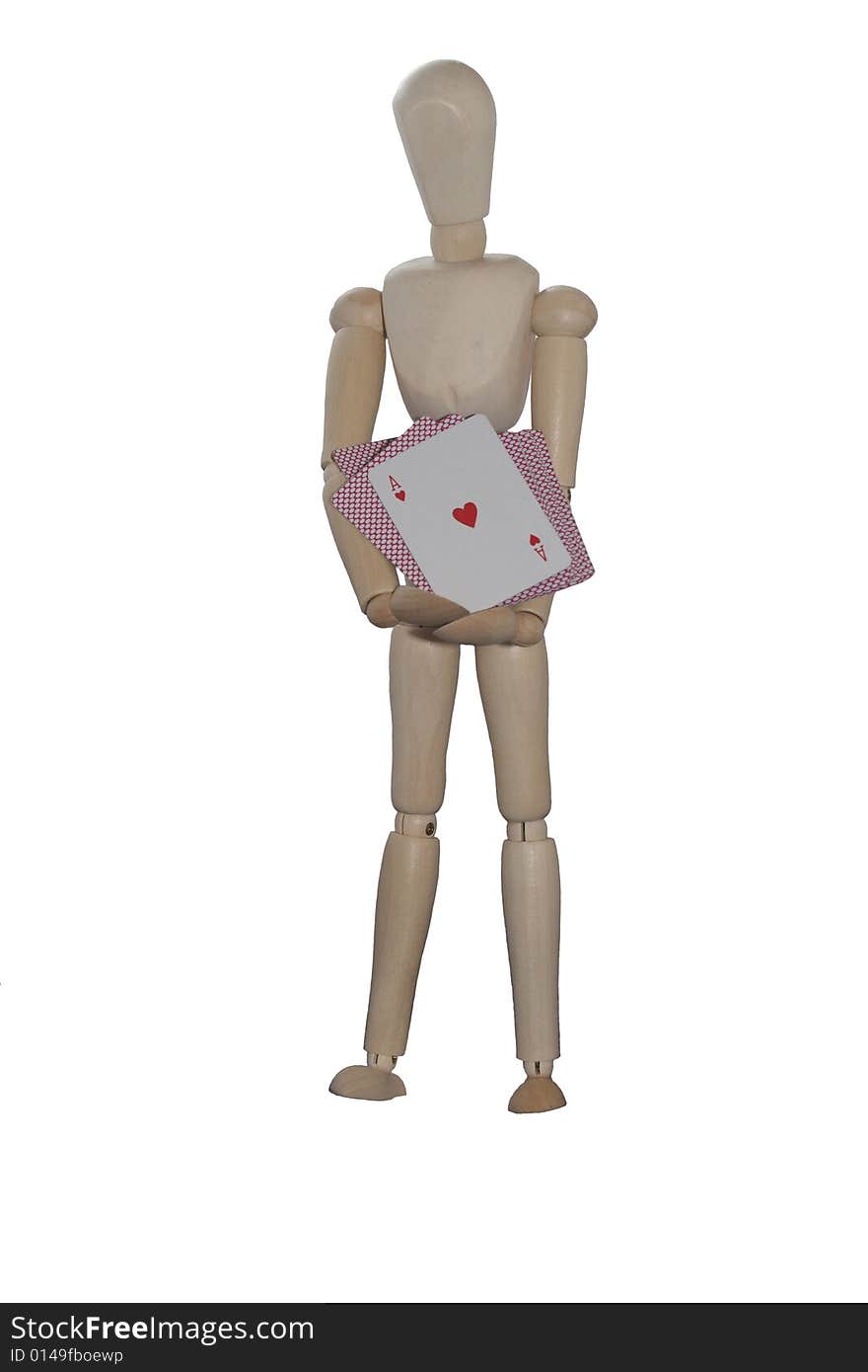 A wooden model holding a pack of cards with the Ace of hearts showing