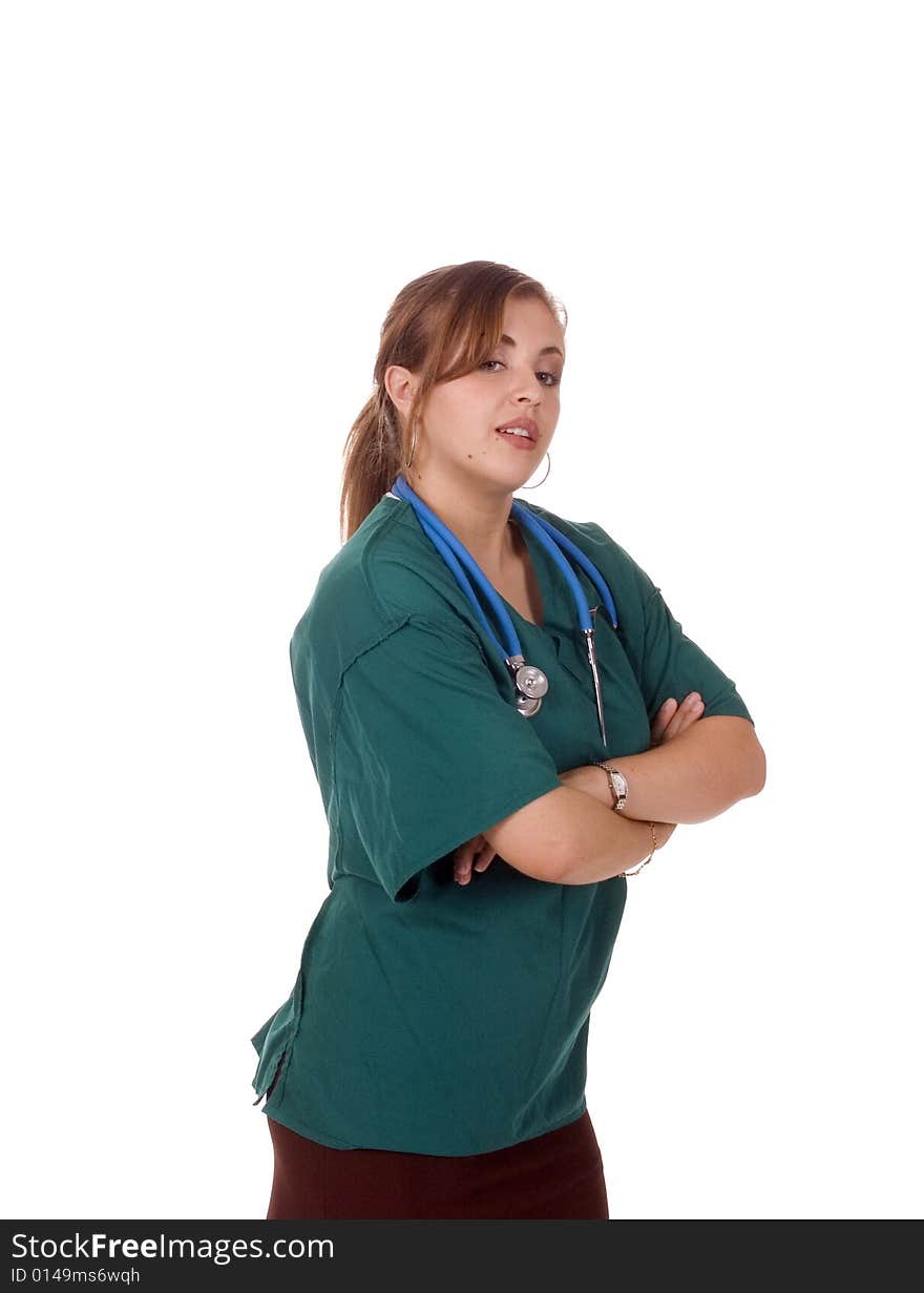 Pretty hispanic doctor looking over shoulder isolated on white