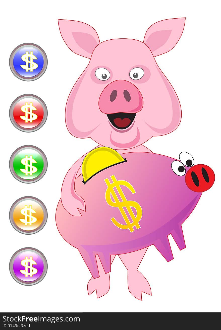 Pig vector drawing pigs with the money and computer icons. Pig vector drawing pigs with the money and computer icons