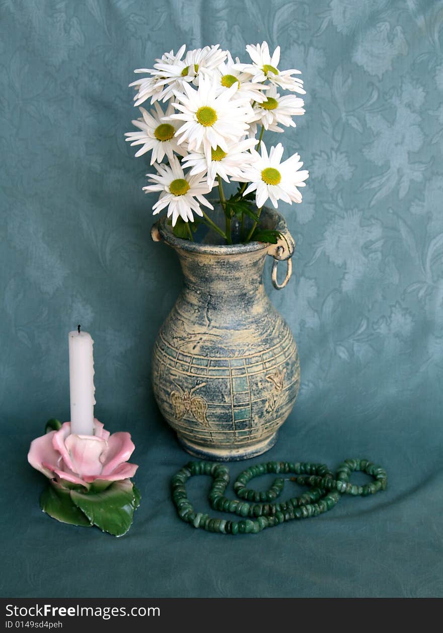 Still Life with Vase of Daisies, Candlestick and Necklace