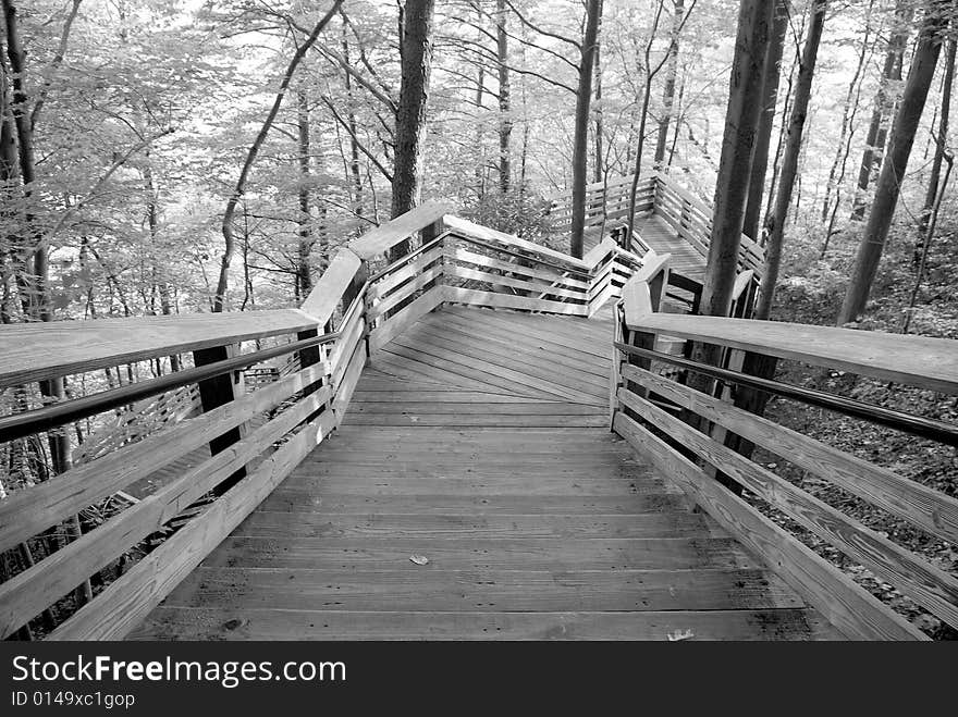 A long walk down some outdoor wooden stairs to an sight seeing deck. A long walk down some outdoor wooden stairs to an sight seeing deck