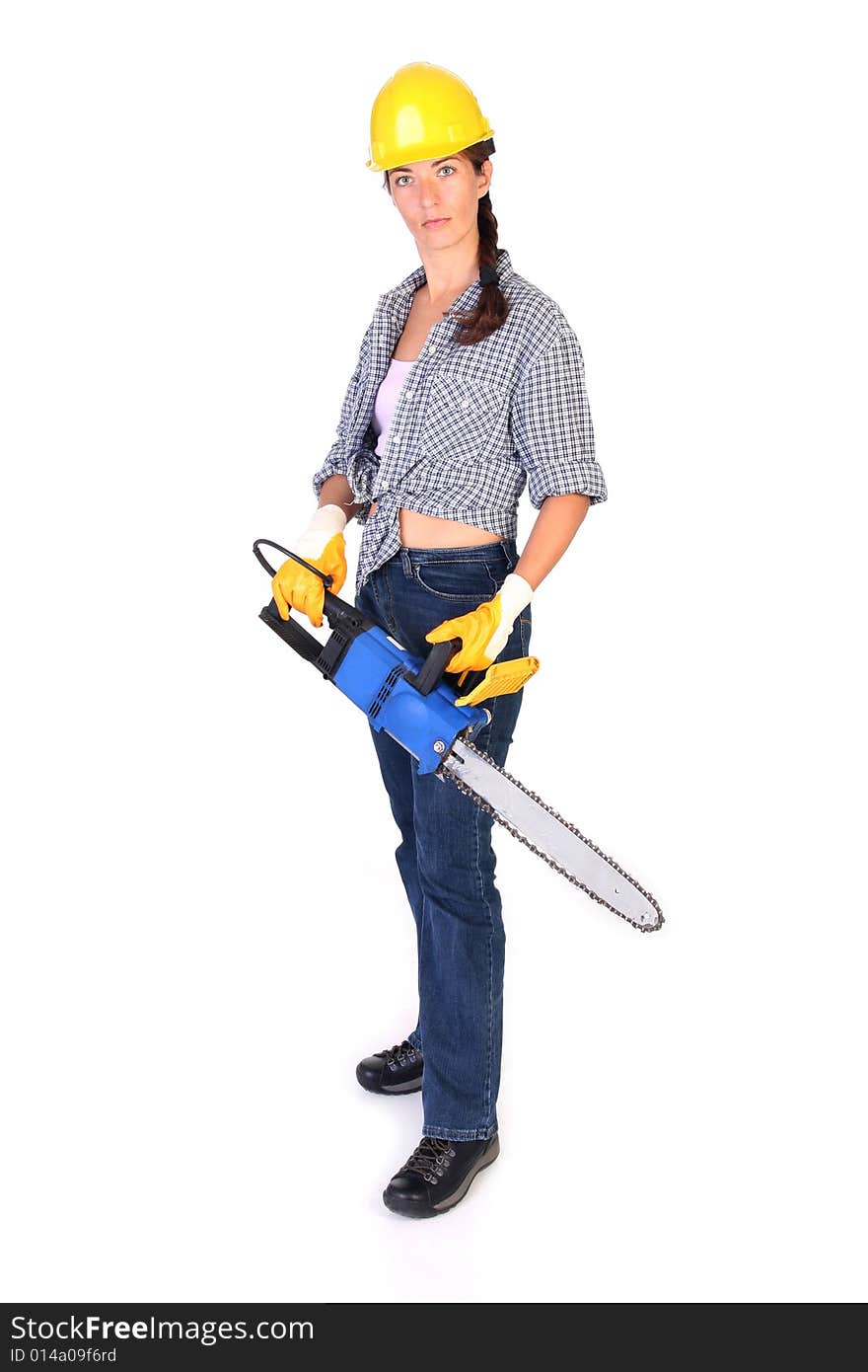 Beauty woman with chainsaw on white background