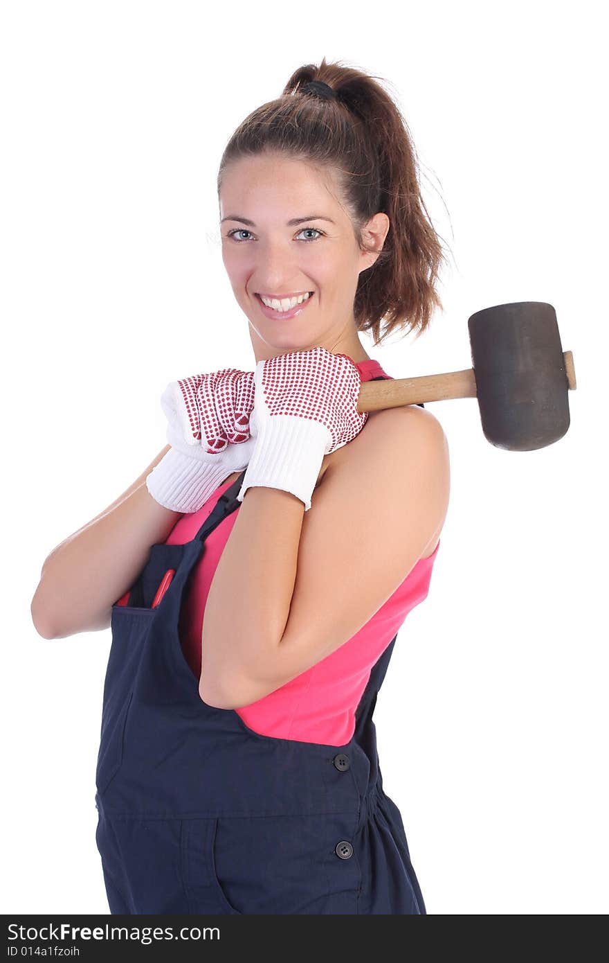 Woman with black rubber mallet on white background