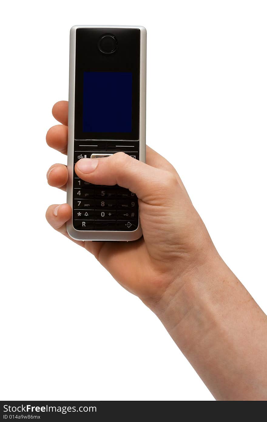 Phone in a hand on a white background