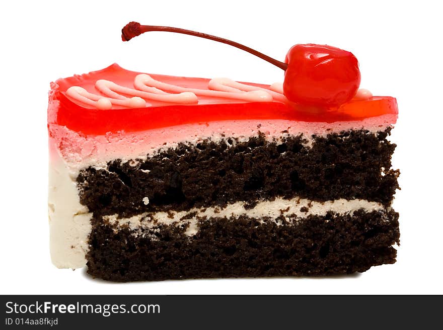 Chocolate pie with a cherry on a white background