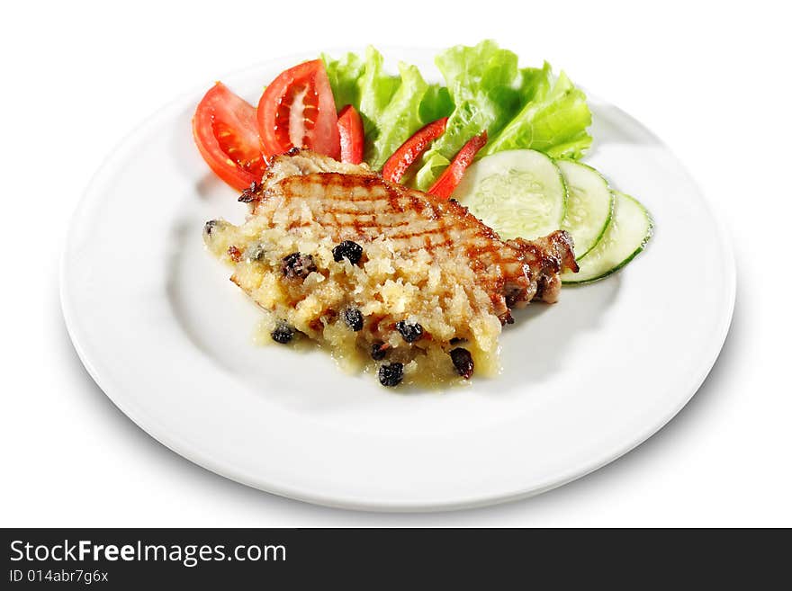 Pork Steak in Honey Sweet Sauce with Vegetable and Salad Leaf. isolated on White Background