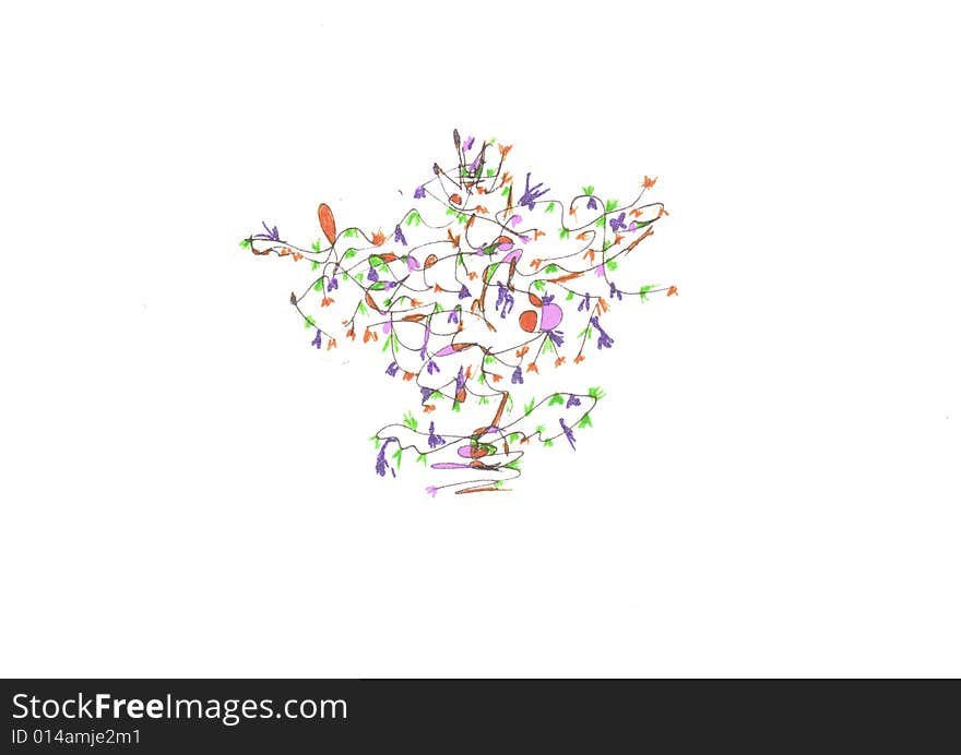 Abstract hand drawn tree with vivid colors, feathery leaves and odd shaped ornaments and birds. Abstract hand drawn tree with vivid colors, feathery leaves and odd shaped ornaments and birds