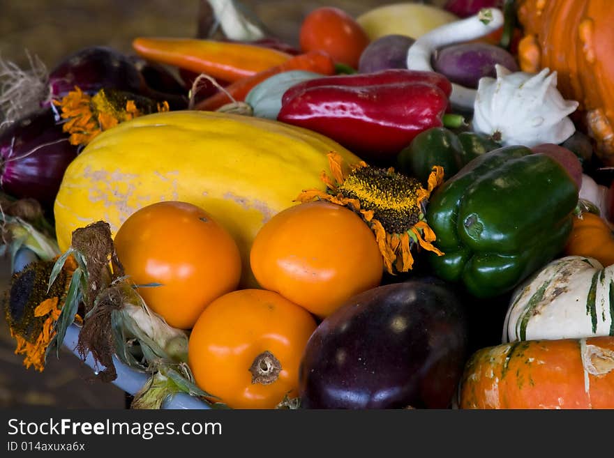 Wheelbarrow full of fall vegetables bright colors. Wheelbarrow full of fall vegetables bright colors