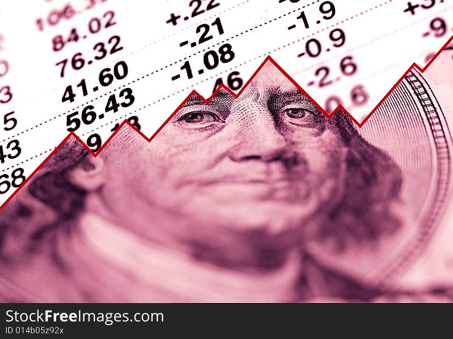 Closeup of hundred dollar bill with graph and stock chart in background. Closeup of hundred dollar bill with graph and stock chart in background