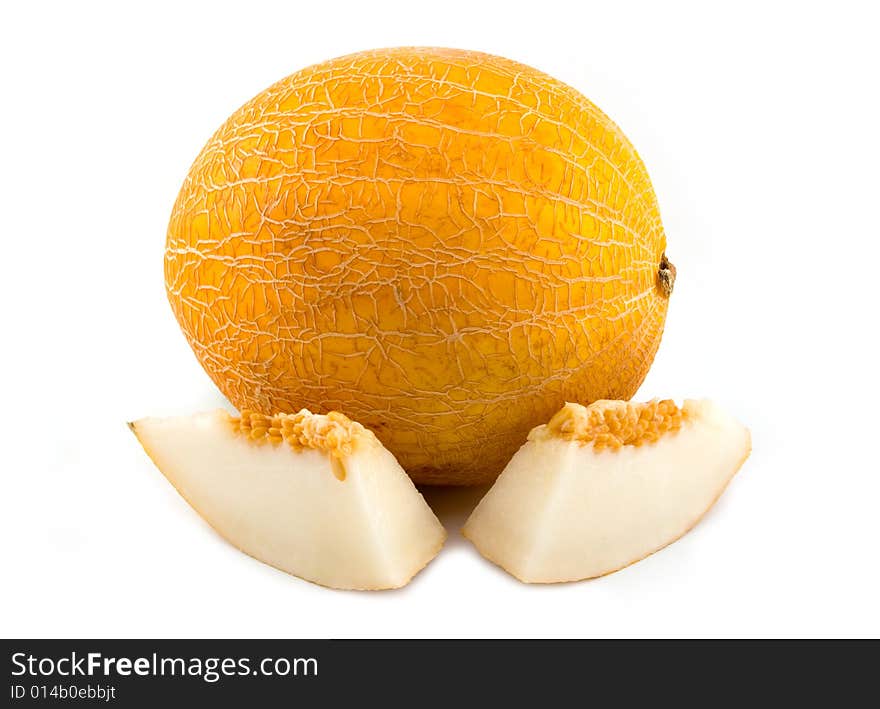 Plant and meal a yellow melon on 
a white background