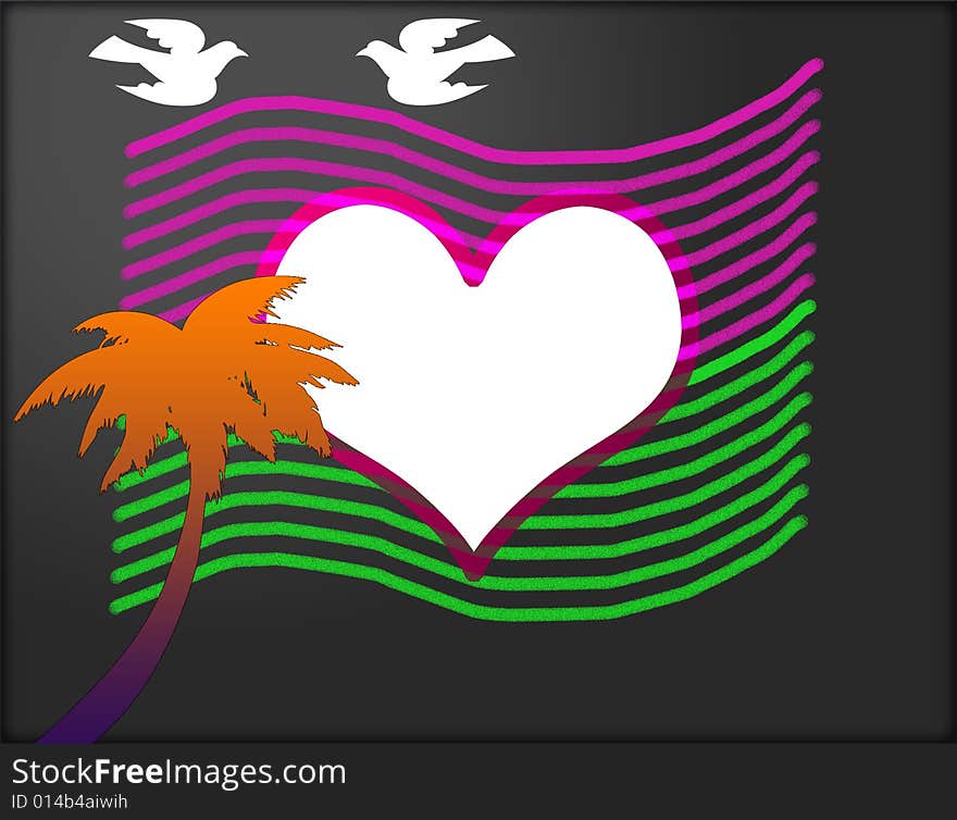 Two birds flying on the love hearten designed with illustration on black background. Two birds flying on the love hearten designed with illustration on black background