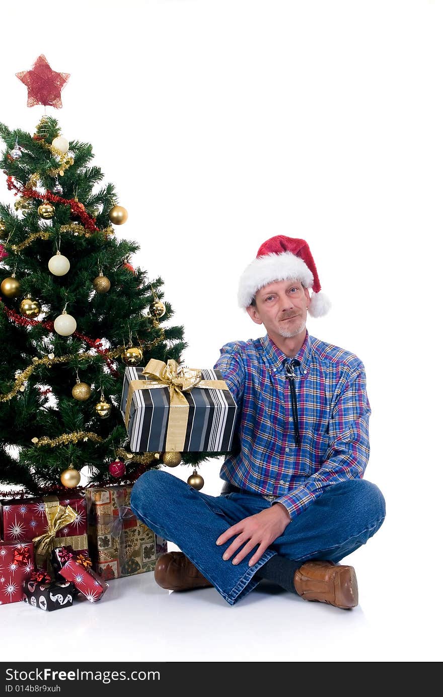 Christmas tree and man with Santa hat on white background. Christmas tree and man with Santa hat on white background