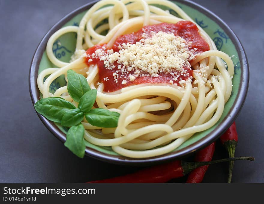 Fresh italian spaghetti with tomato-sauce and cheese. Fresh italian spaghetti with tomato-sauce and cheese