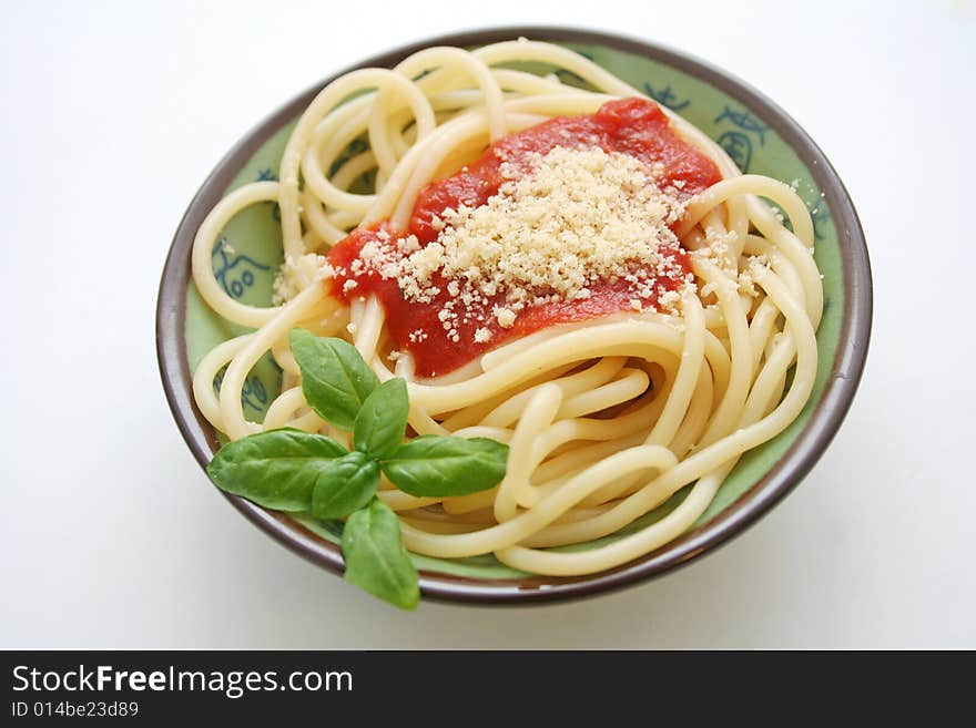 Fresh italian spaghetti with tomato-sauce and cheese. Fresh italian spaghetti with tomato-sauce and cheese