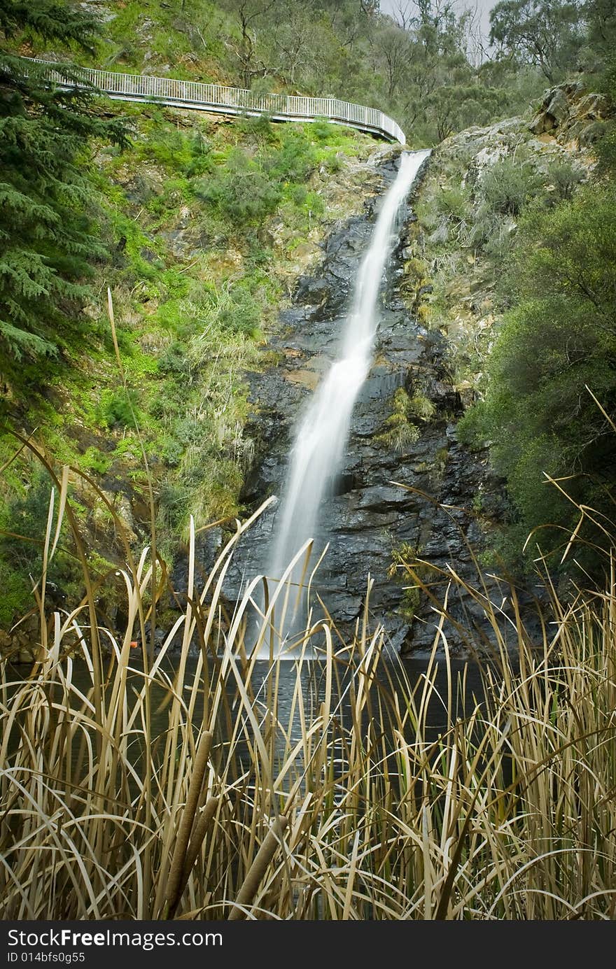 Waterfall with reeds in foreground and walking path going over top