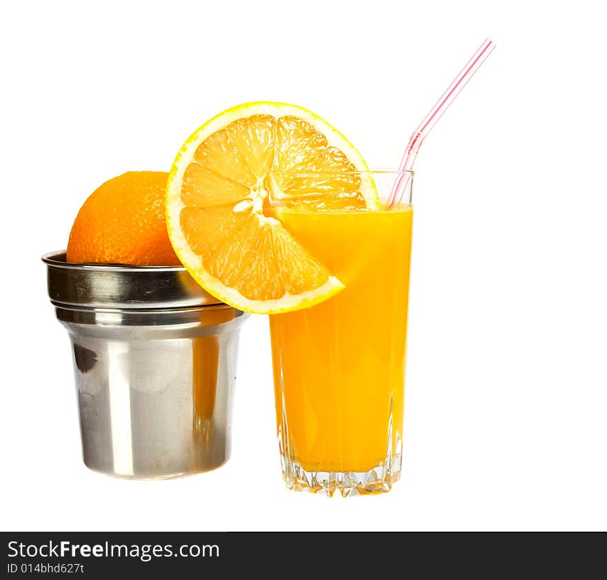 Glass of orange juice on the white background