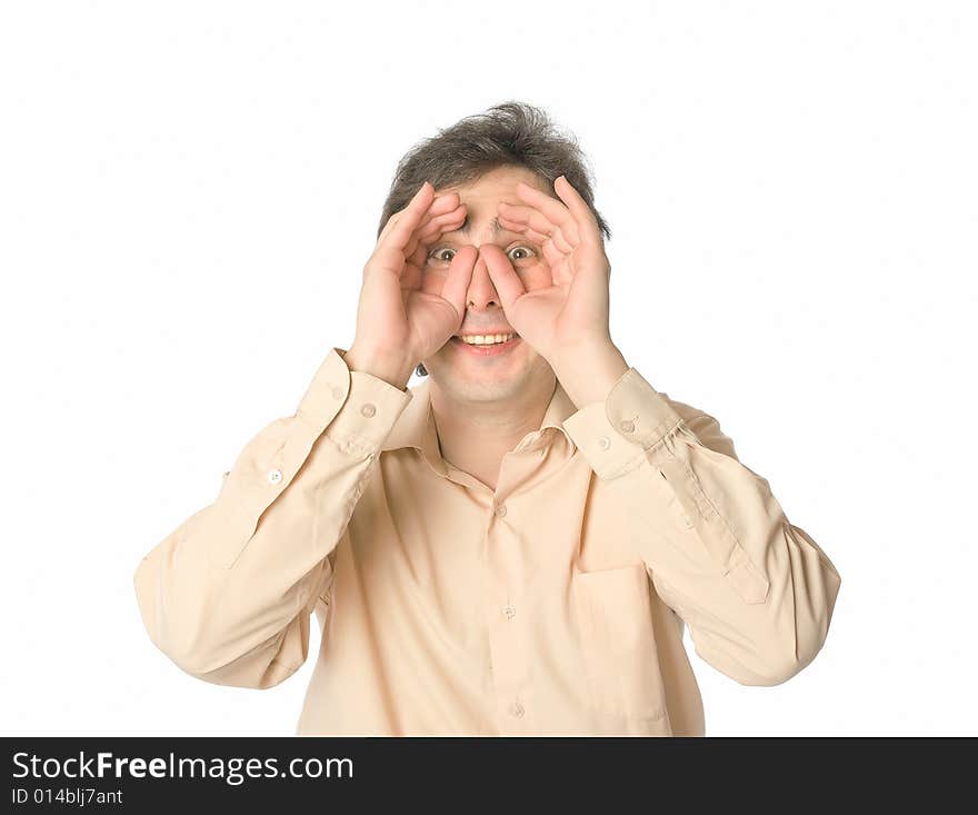 A man staring at something, studio shot, over white