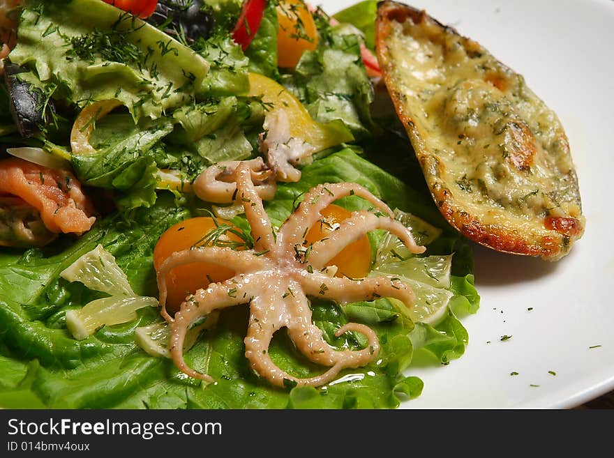 Fried octopus with a garnish from vegetables