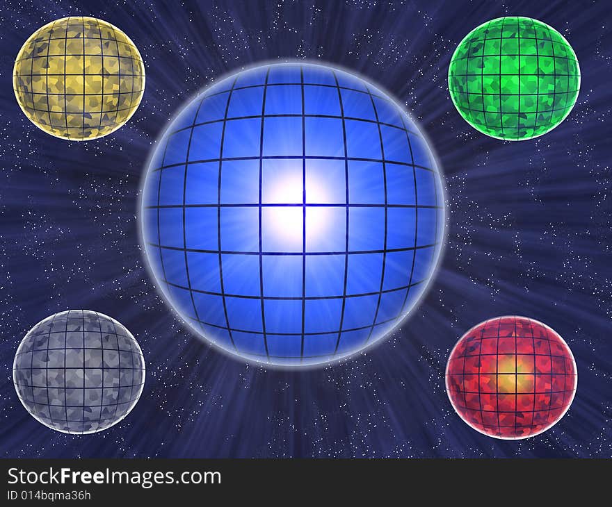 Five colour transparent luminous balls on background starry space. Five colour transparent luminous balls on background starry space