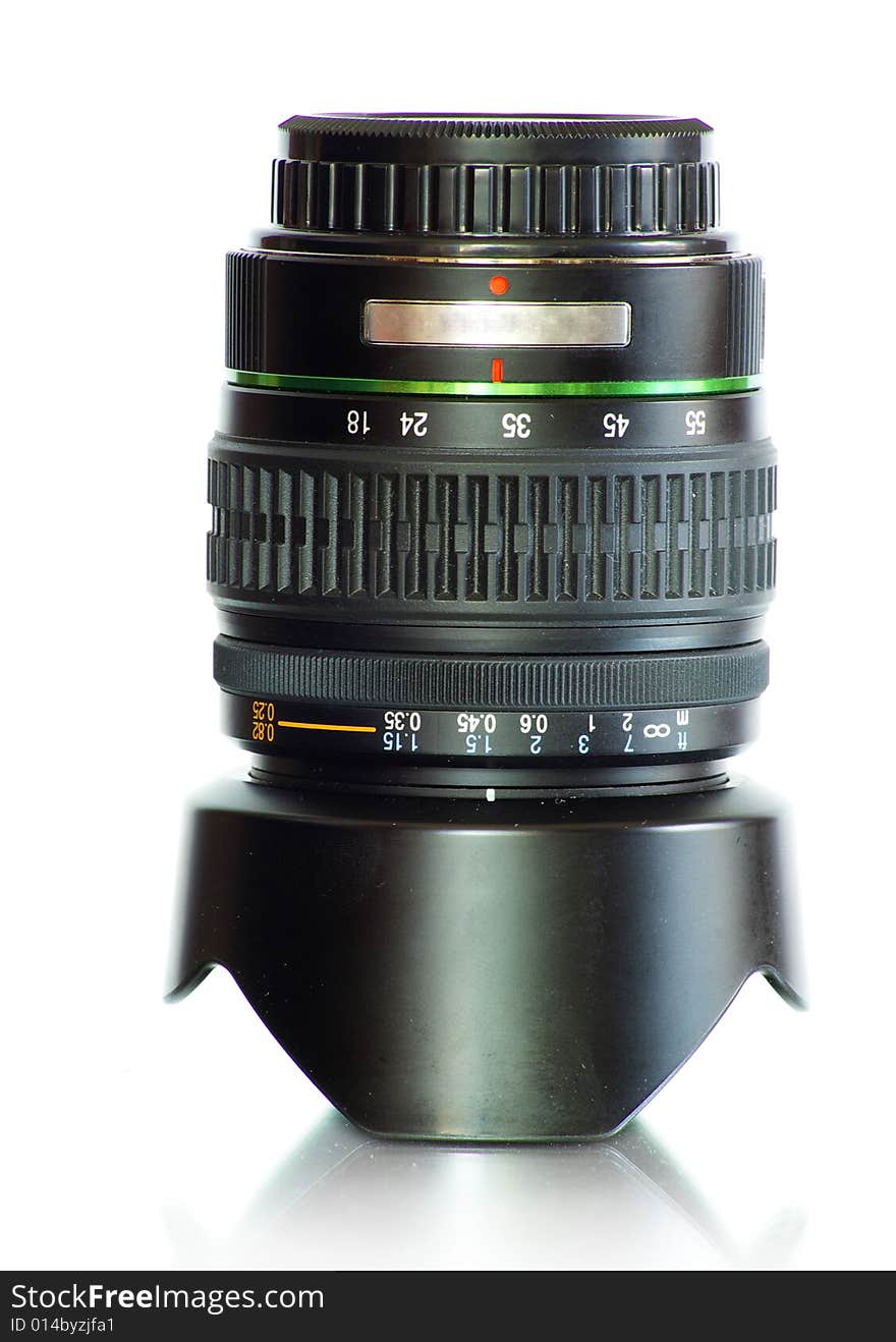 Black camera lens isolated in white background