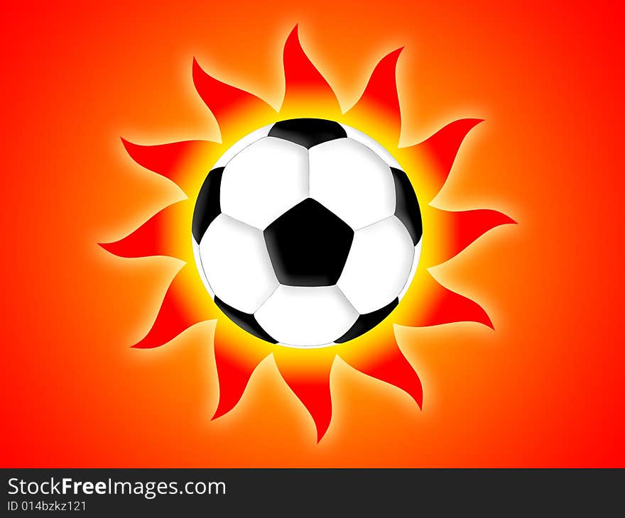 Football and red sun on a red background. Football and red sun on a red background