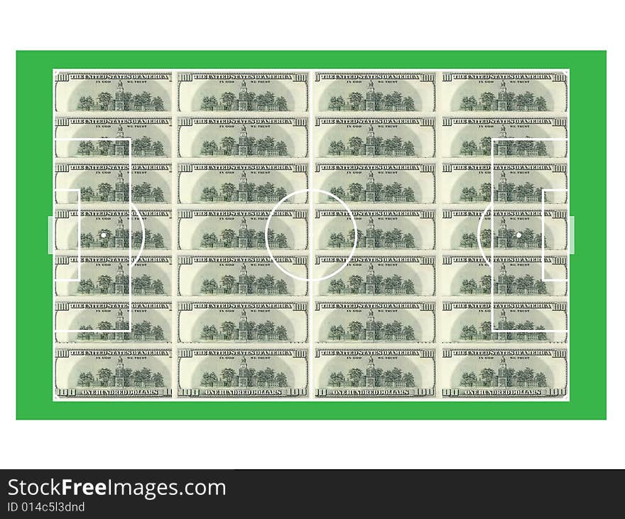 The football field is covered by dollar banknotes. The football field is covered by dollar banknotes