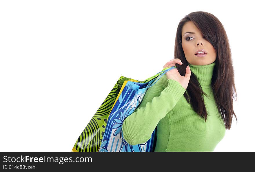 Beautiful woman with shopping bag, shopper isolated on white background. Beautiful woman with shopping bag, shopper isolated on white background