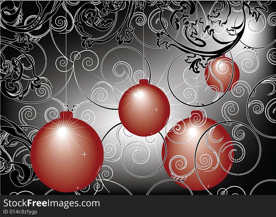 Christmas baubles on black-white background