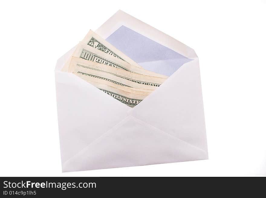 American dollars in an envelope on white. American dollars in an envelope on white