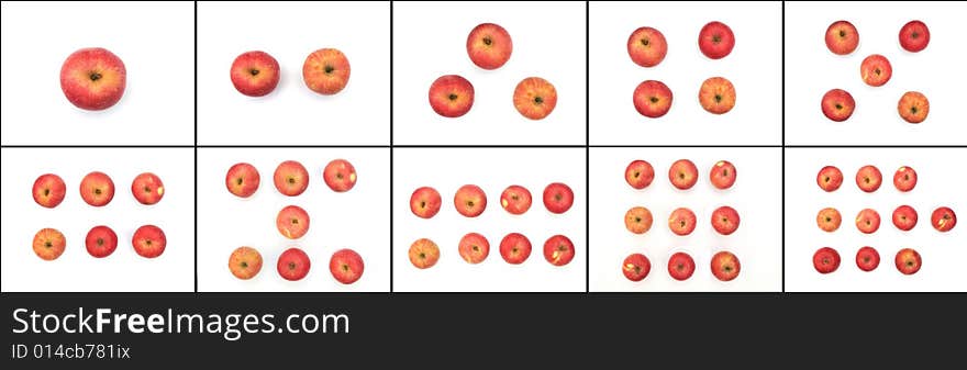 The numbers from one to ten, different numbers of apples.