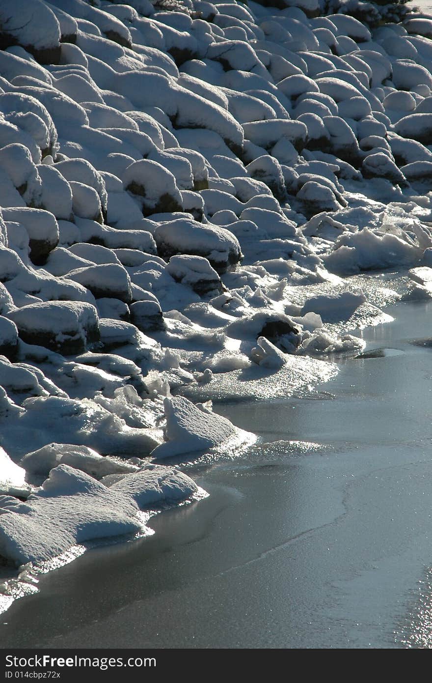 Rocks are covered with ice and snow. Rocks are covered with ice and snow