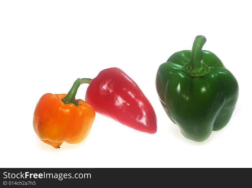 Three color Capsicum isolated studio shot