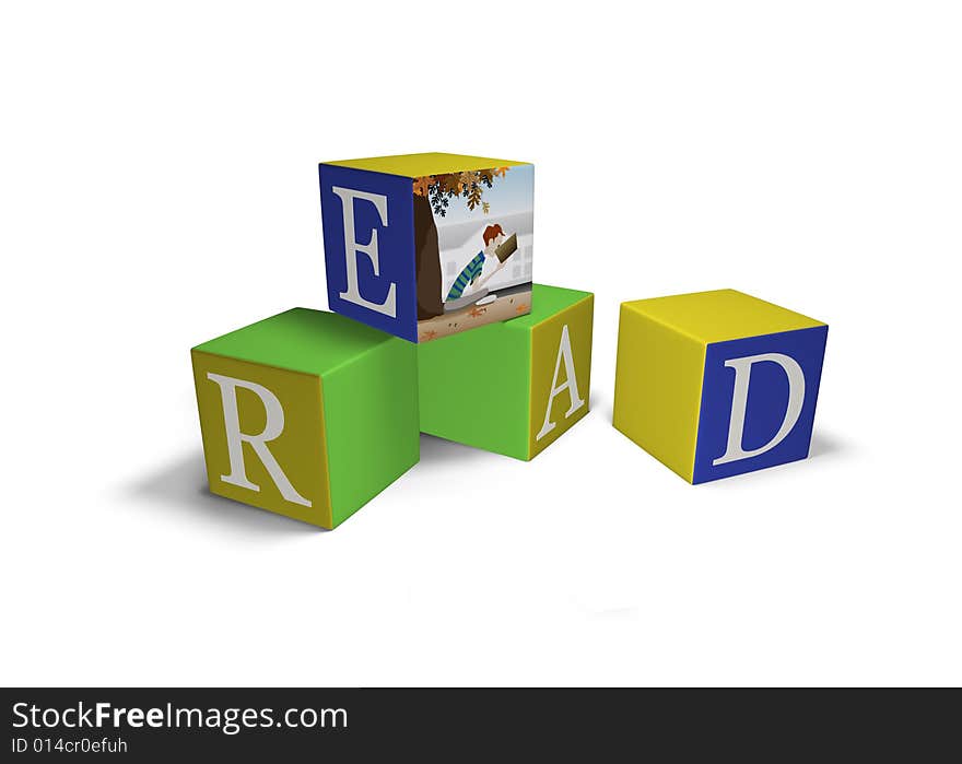 Children's blocks that spell the word READ and have an illustration of a boy reading on the top block. Children's blocks that spell the word READ and have an illustration of a boy reading on the top block.