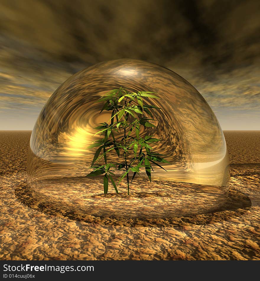 Plant under a glass dome in desert. Plant under a glass dome in desert