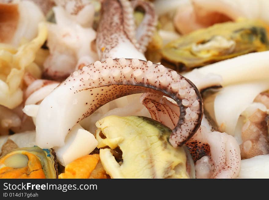 Close-up of seafood, octopus, mussels, squid...