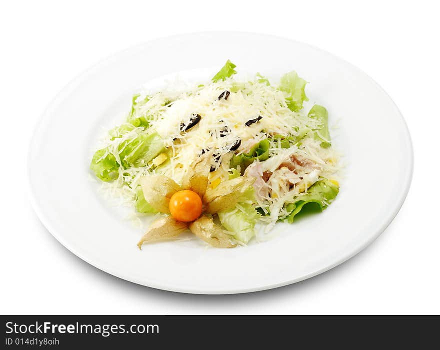 Caesar Salad Comprises Romaine Lettuce and Croutons Dressed with Parmesan cheese. Isolated on White Background