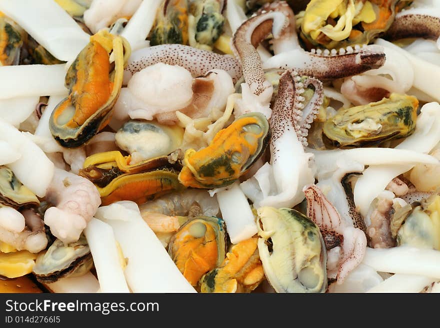 Close-up of seafood, octopus, mussels, squid...