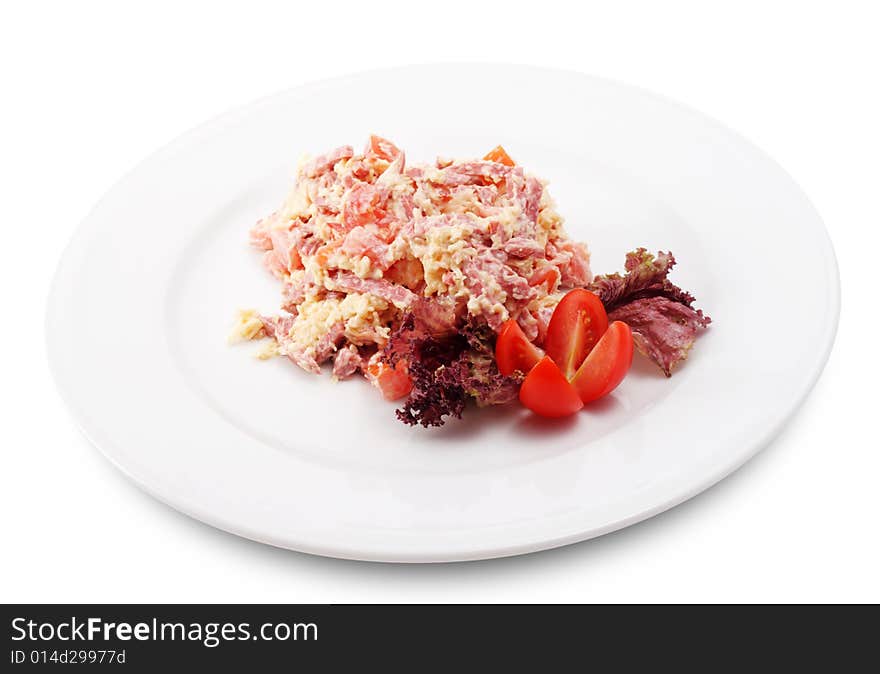 Salad Comprises Smoked Foods, Tomato and Cheese Dressed with Red Salad Leaves and Tomato. Isolated on White Background. Salad Comprises Smoked Foods, Tomato and Cheese Dressed with Red Salad Leaves and Tomato. Isolated on White Background