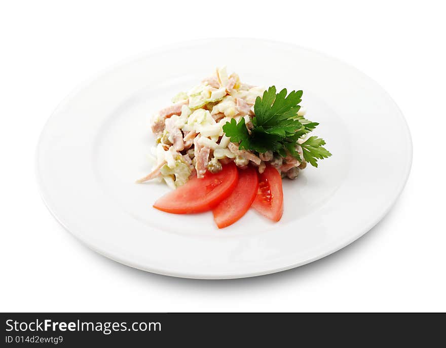 Salad Comprises Smoked Chicken and Celery Dressed with Parsley and Tomato Slice. Isolated on White Background. Salad Comprises Smoked Chicken and Celery Dressed with Parsley and Tomato Slice. Isolated on White Background