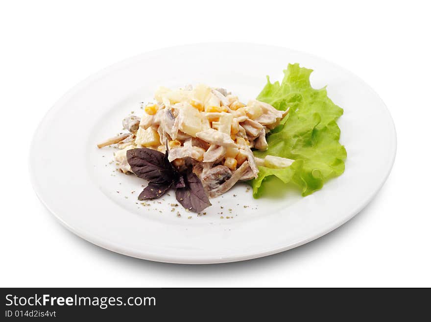 Pineapple Salad with Chicken, Corn and Leaf of Basil. Isolated on White Background