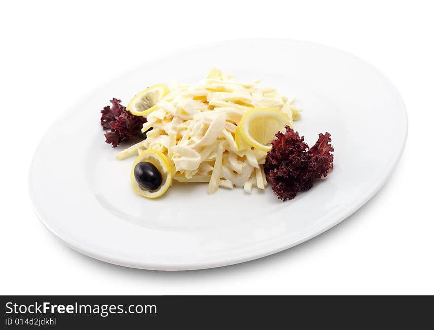 Calamari Salad with Apple under Mayonnaise. Isolated on White Background