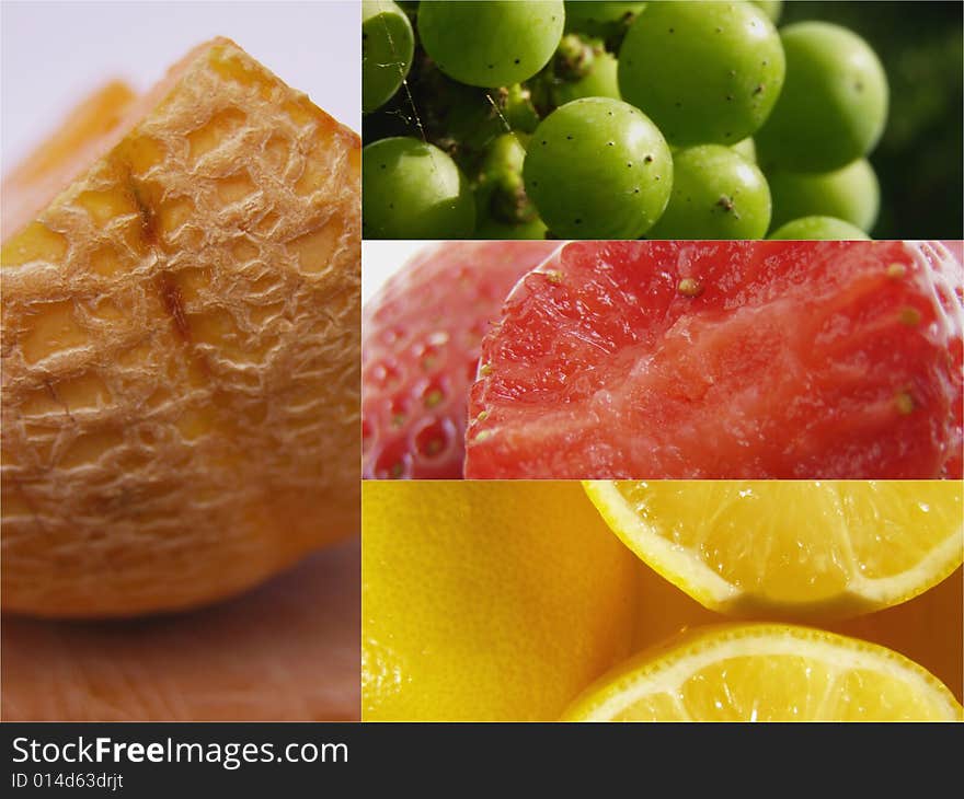 Fruit collage: 4 macro images of fruit isolated (melon, green grapes, strawberries and lemons)